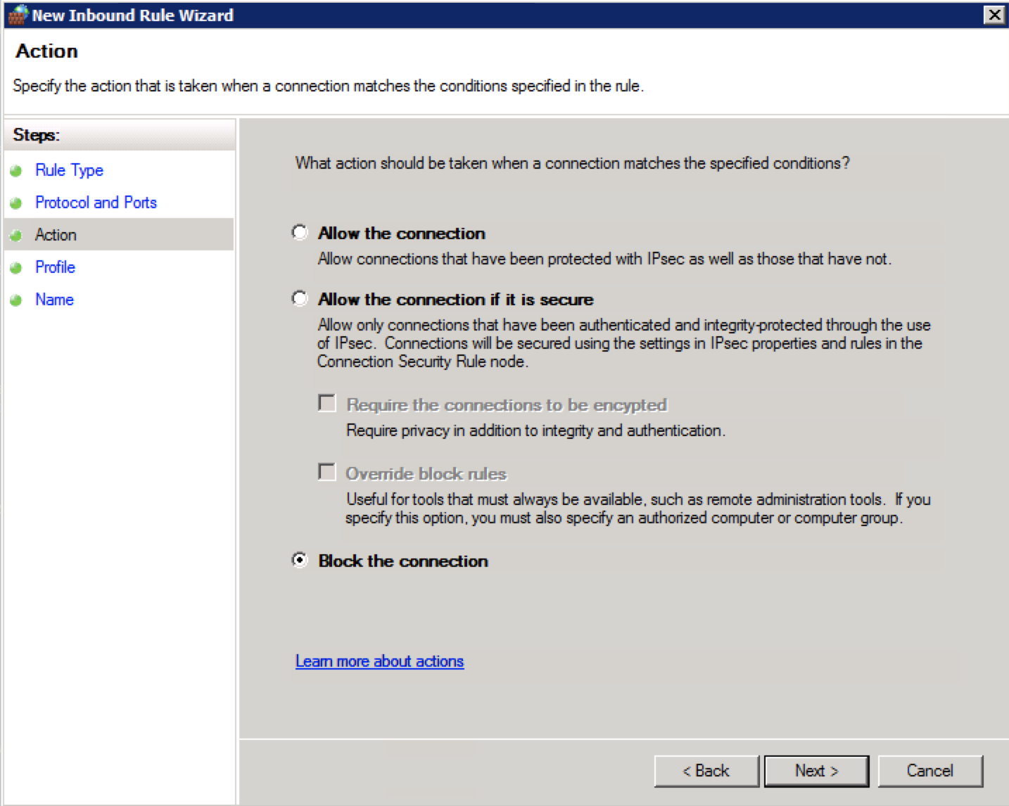 Connection allowed. Inbound Rules. Как зайти в Action Wizard.